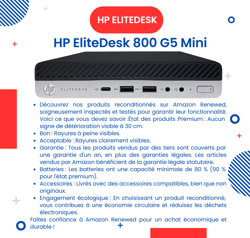 Mini-PC professionnel HP EliteDesk 800 G5 avec Intel Core i5-9400T 6 cœurs