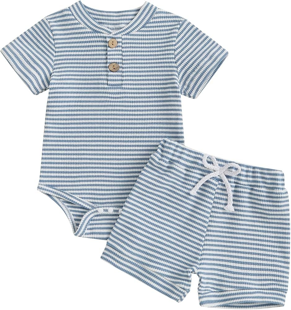 2 Pack Summer Clothes Set Newborn Boys Girls Striped Pattern Short Sleeve