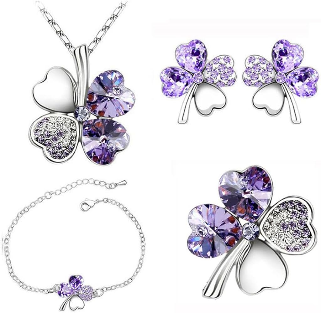 4 Pièces Ensemble Bijoux Trèfle Cristal Collier Boucles D'oreilles ...