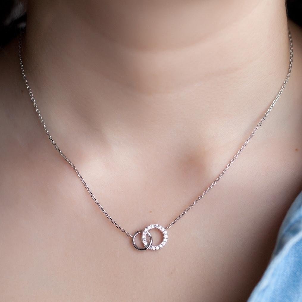 Colliers Femmes Argent/Or, avec Pendentif Double Anneau en Zircon, Colliers Reglables, PlaquOr 14