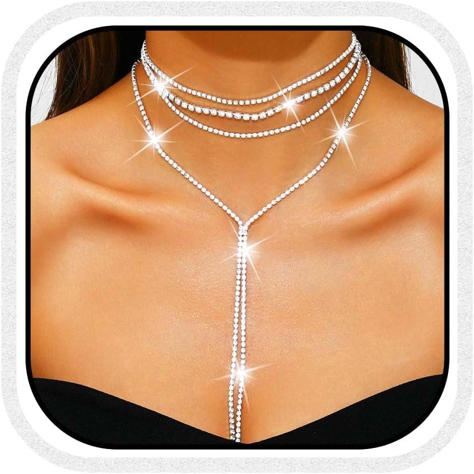 Reaky Colliers en strass, collier multirangs argenté, collier en cristal ...