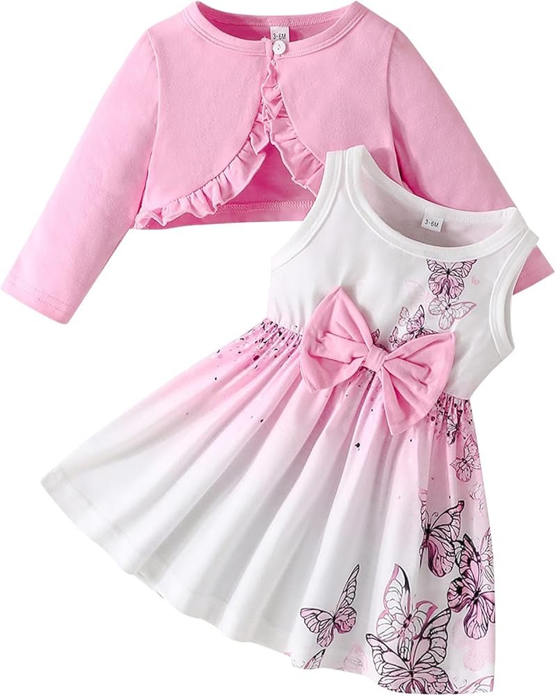 Girls Dress and Cardigan Set with Sleeveless Tank Top and Floral Butterfly
