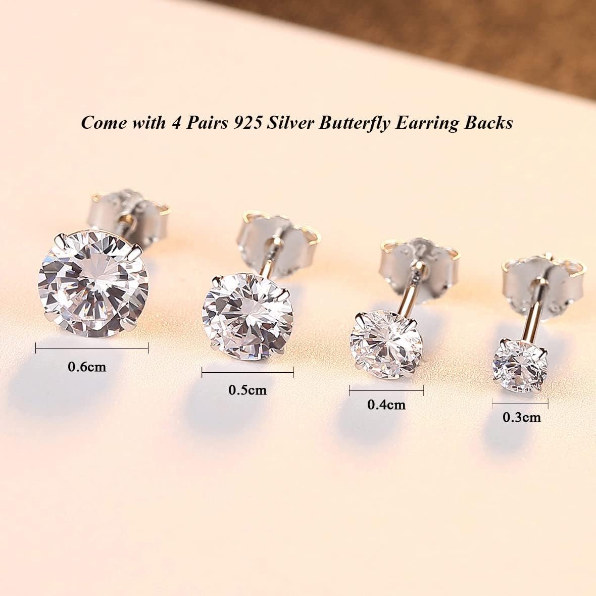 4 Paires Clous d'oreilles en Argent Fin 925 avec Zircones Cubiques ...