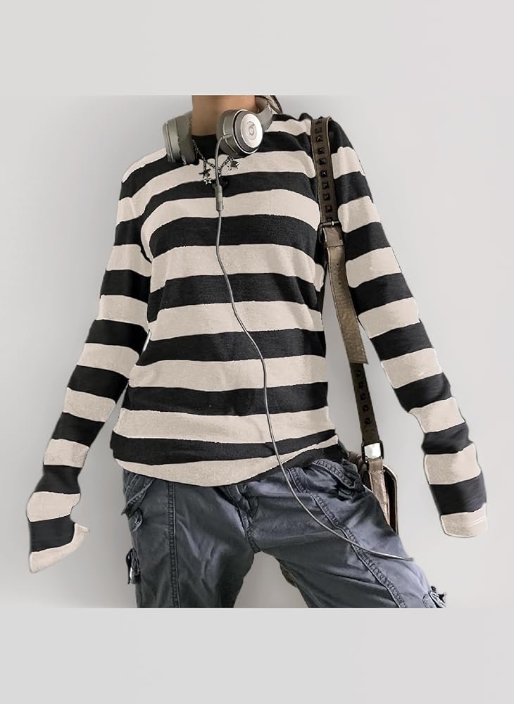 Y2k Women's Striped Long Sleeve Shirts Vintage Baggy Tee Harajuku Streetwear Teen Girls