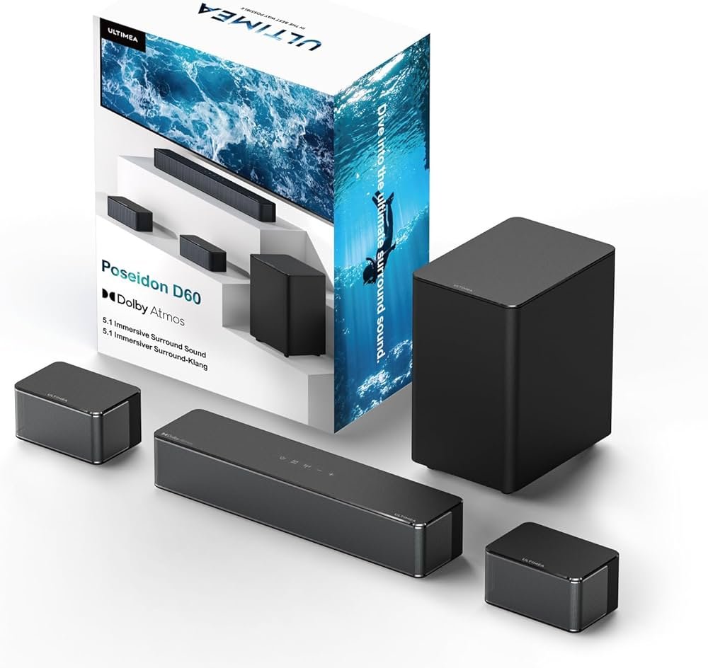 Barre de son avec son surround, caisson de basses et Dolby Atmos.
