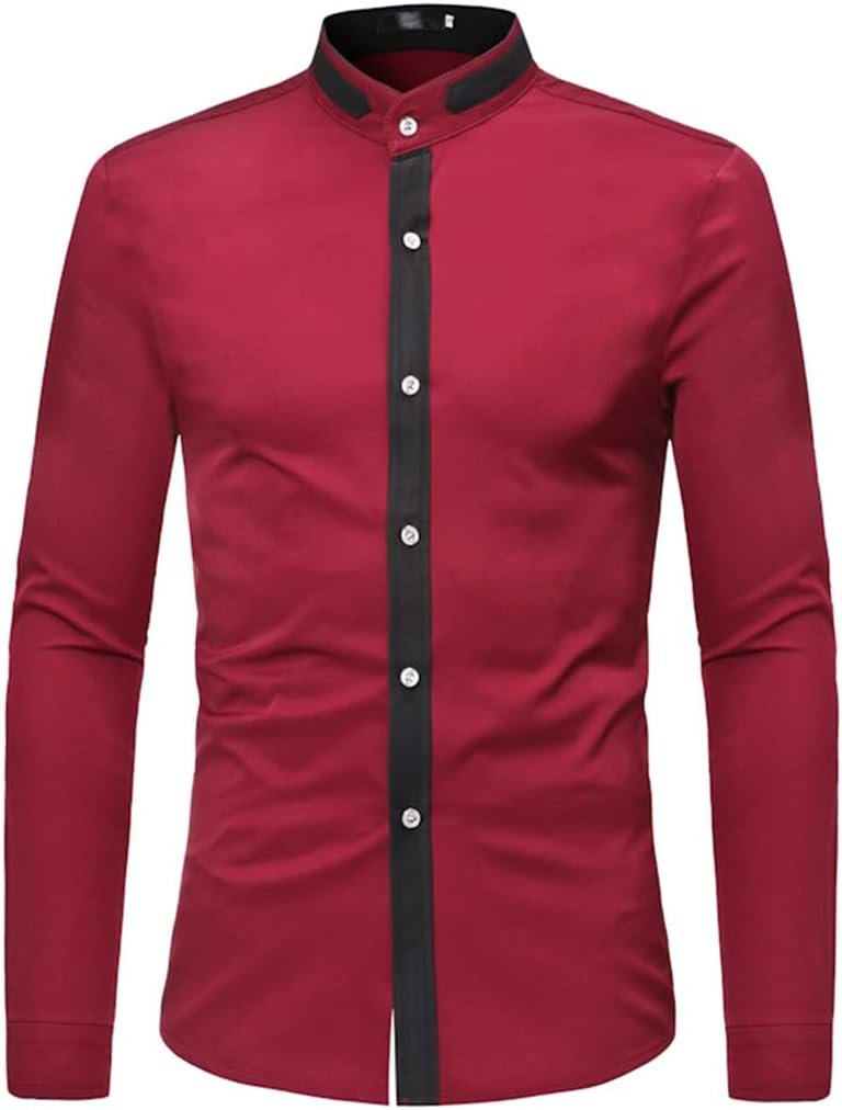 Chemise Homme Slim Fit Bleu Marine Col Mao avec Liseré Blanc