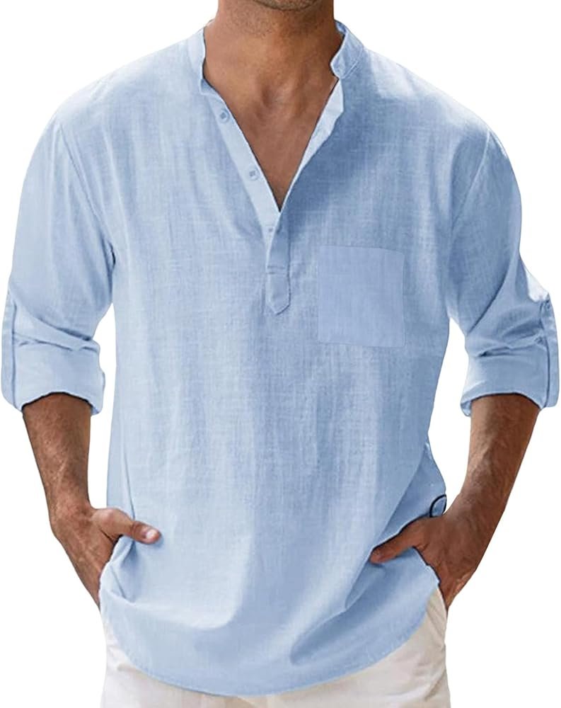 Chemise Homme Lin Décontractée Manches Longues Bleu Ciel