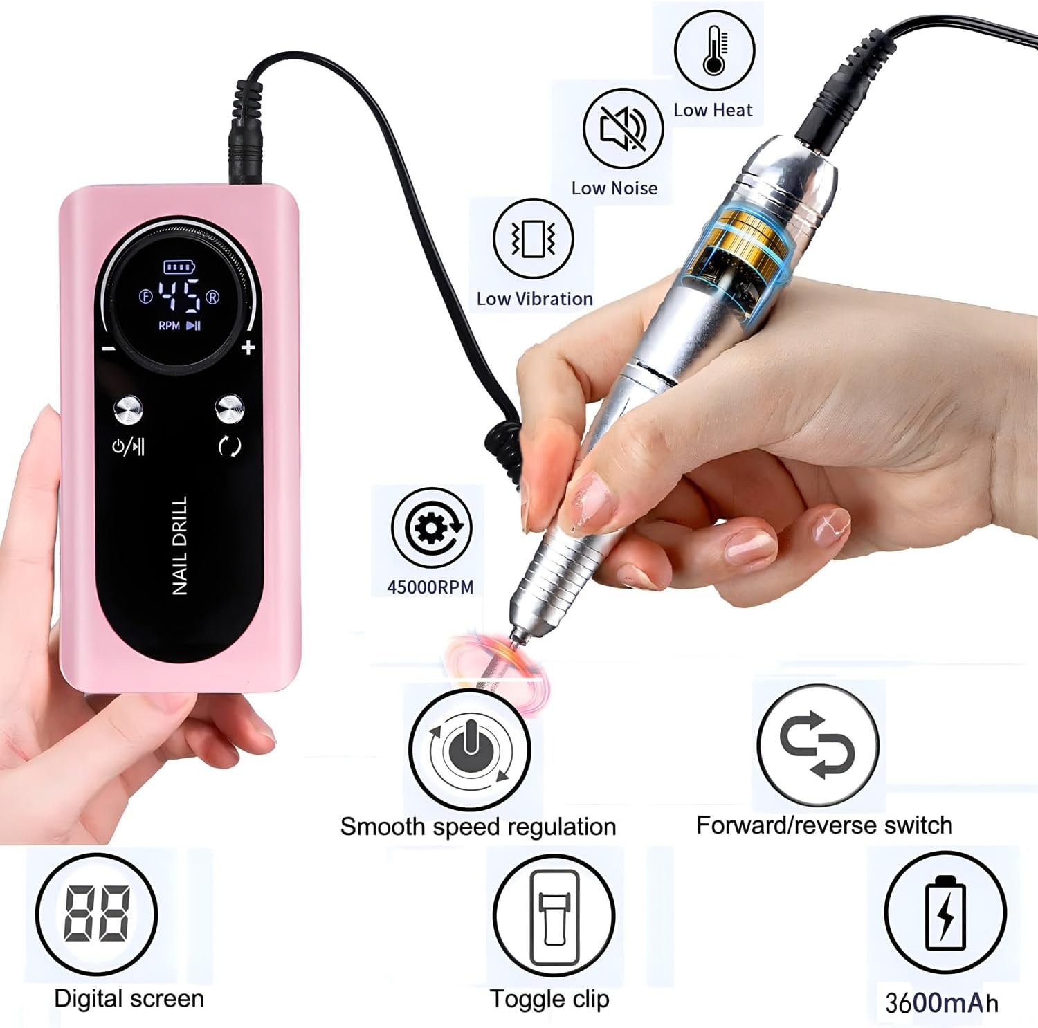 Electric Nail File, Adjustable Speed Nail Drill Kit Cordless Nail Drill ...