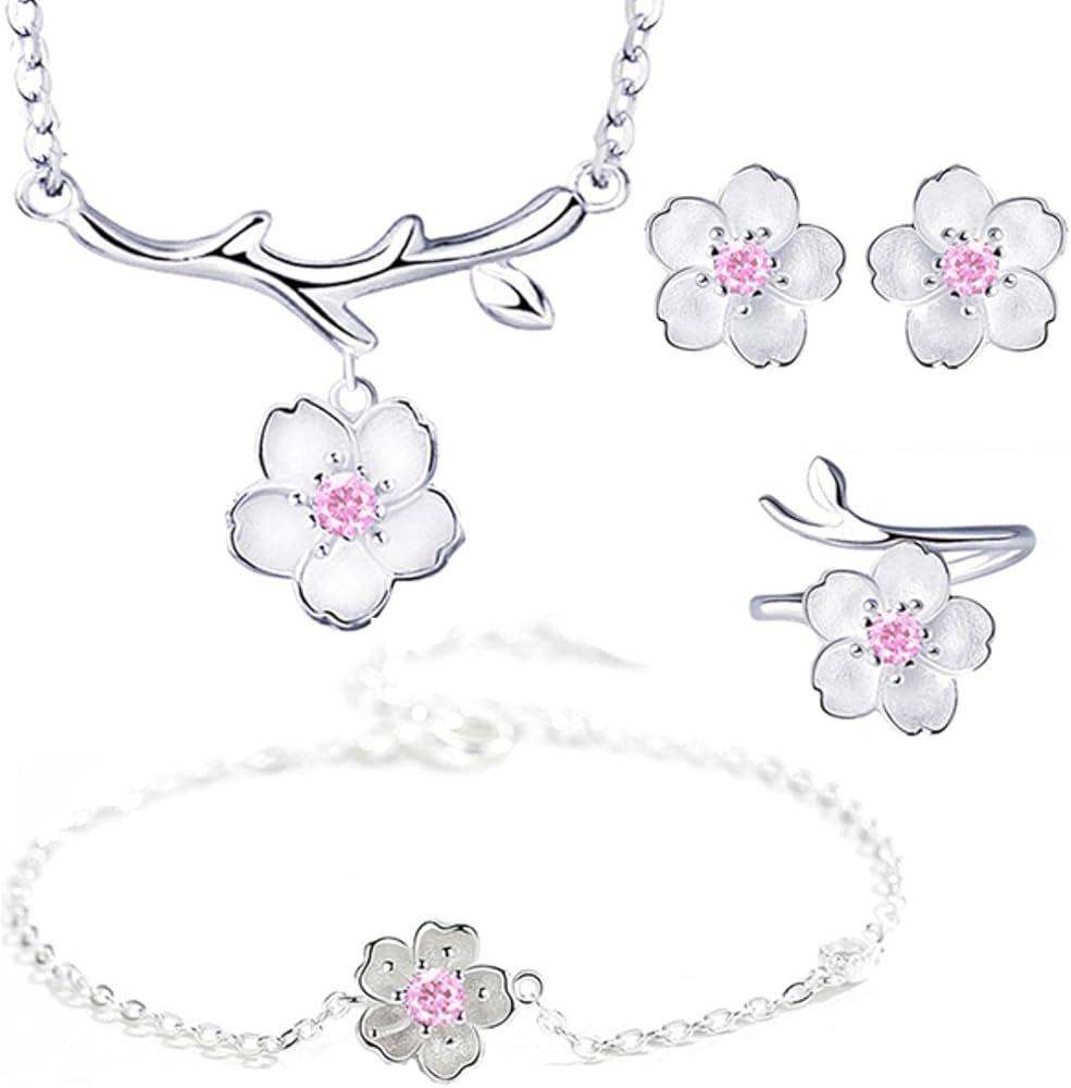 ensembles collier de fleurs de cerisier + boucles d'oreilles + bague ...