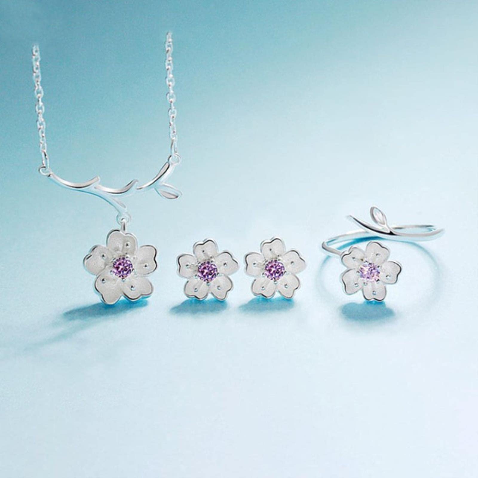 ensembles collier de fleurs de cerisier + boucles d'oreilles + bague ...