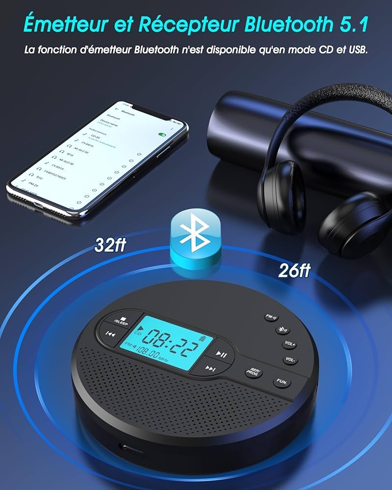 Greadio Lecteur CD Bluetooth 2025 Portable, Lecteur CD Discman ...