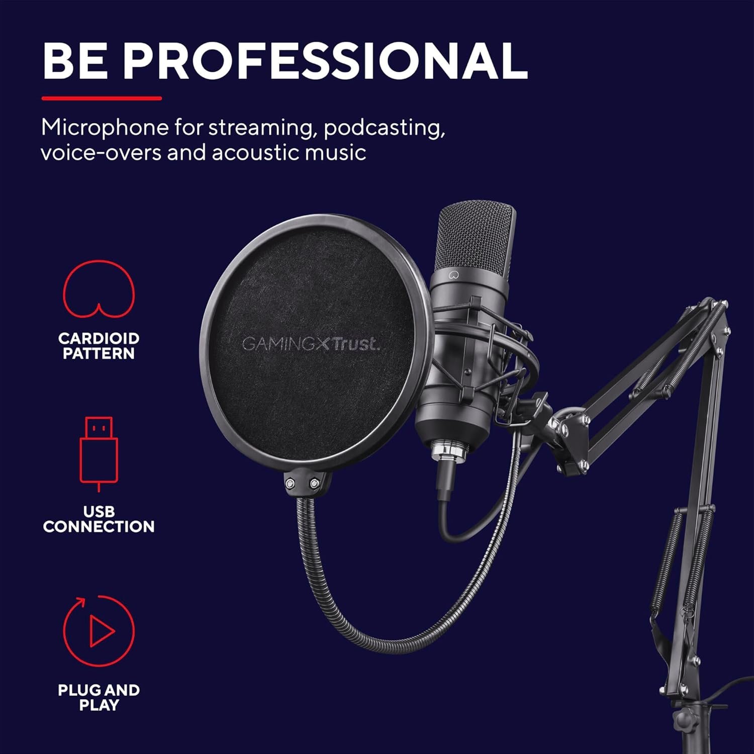 Trust Gaming Microphone Professionnel avec Bras Articulé & Filtre Anti-Pop