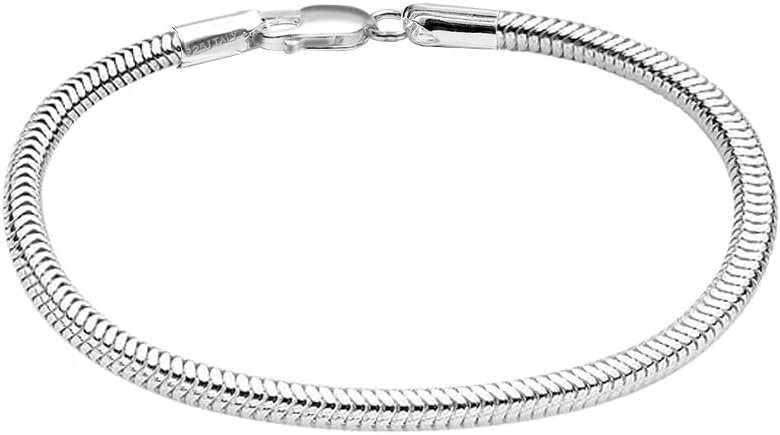 LeCalla Solid 925 Sterling Silver Italian 3MM Snake Chain Bracelet for Men Women, Charm Bracelets.