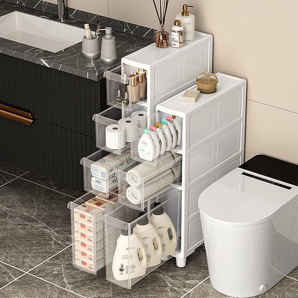 Slim White Bathroom Storage Unit with Multiple Tiers and Drawers ...