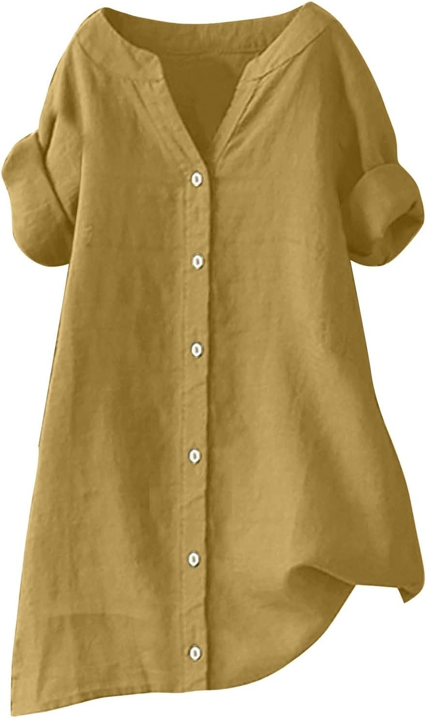 Women Short Sleeve Cotton Linen Blouse Solid Colour Stand Up ...
