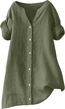 Women Short Sleeve Cotton Linen Blouse Solid Colour Stand Up ...