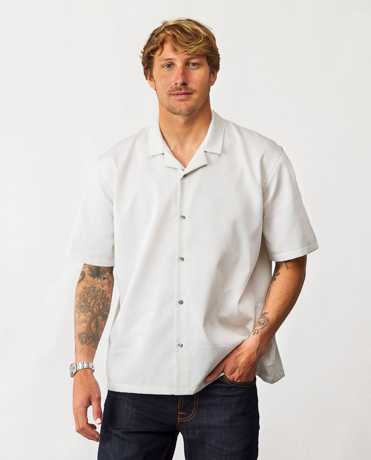 Chemise Homme Casual Beige Manches Courtes Col Cubain