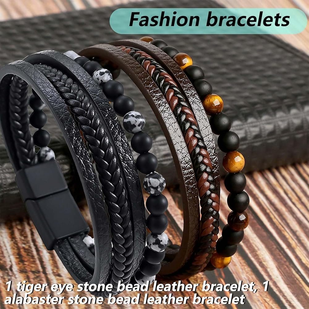 Bracelet Cuir Homme Noir Tresse Acier Inoxydable
