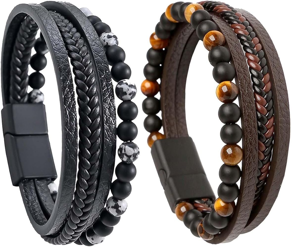 Bracelet Cuir Homme Noir Tresse Acier Inoxydable