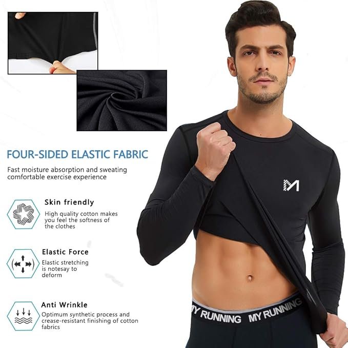 MEETYOO Tee Shirt Homme, Hauts Manches Longues T Shirt Gym Baselayer pour Running Fitness Sports