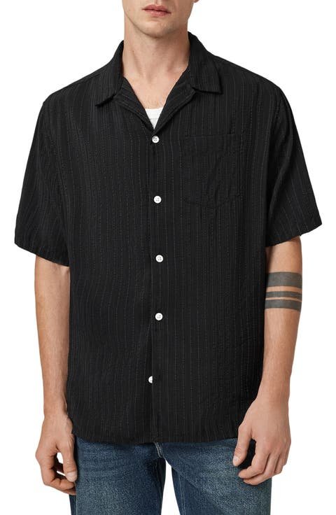 Chemise Homme Casual Noire Manches Courtes Col Cubain
