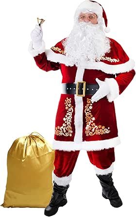 Santa Claus Costume for Men 12pcs Complete Christmas for Adult Red Velvet
